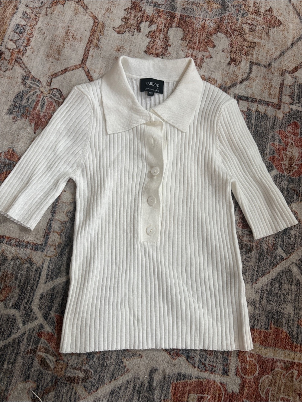Bardot White Ribbed Polo Button-Front Top